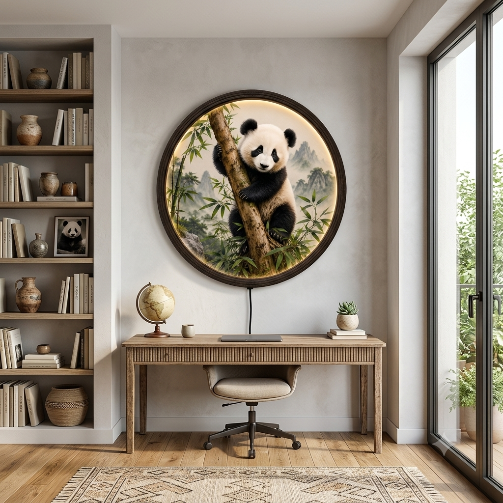 Illuminated Panda Bamboo Wooden LED Wall Art - Round Decorative Night Light