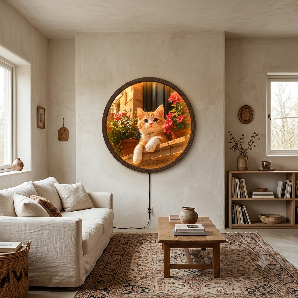 Cute Orange Cat with Flowers Illuminated Round Wall Art | LED Backlit Wooden Frame Wall Decor