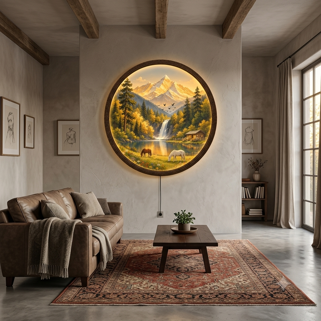 Golden Mountain Lake LED Wall Art – Rustic Cabin Landscape Round Wall Decor