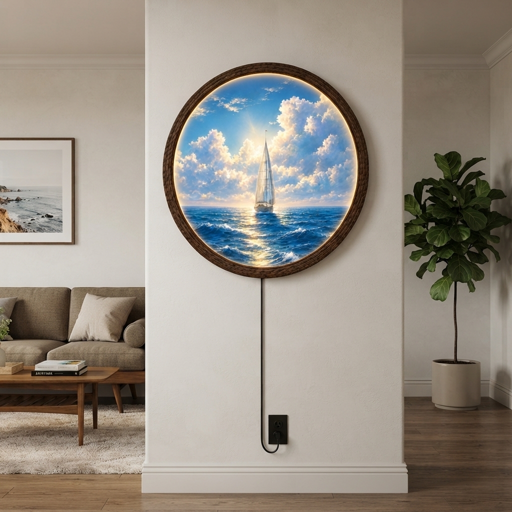Sailboat Ocean LED Wall Art – Round Nautical Illuminated Wall Decor