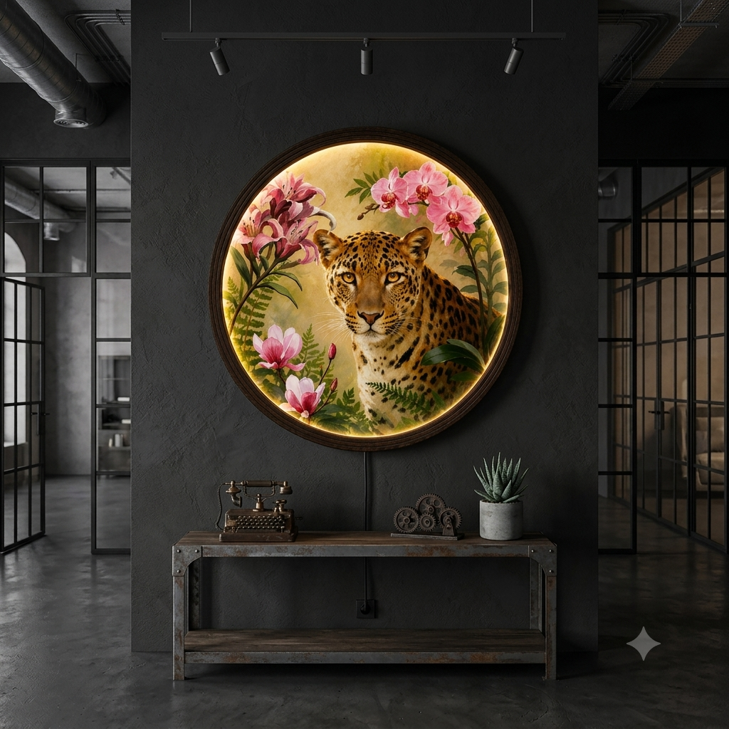 Illuminated Leopard & Floral Round Wooden Wall Art – LED Backlit Decor