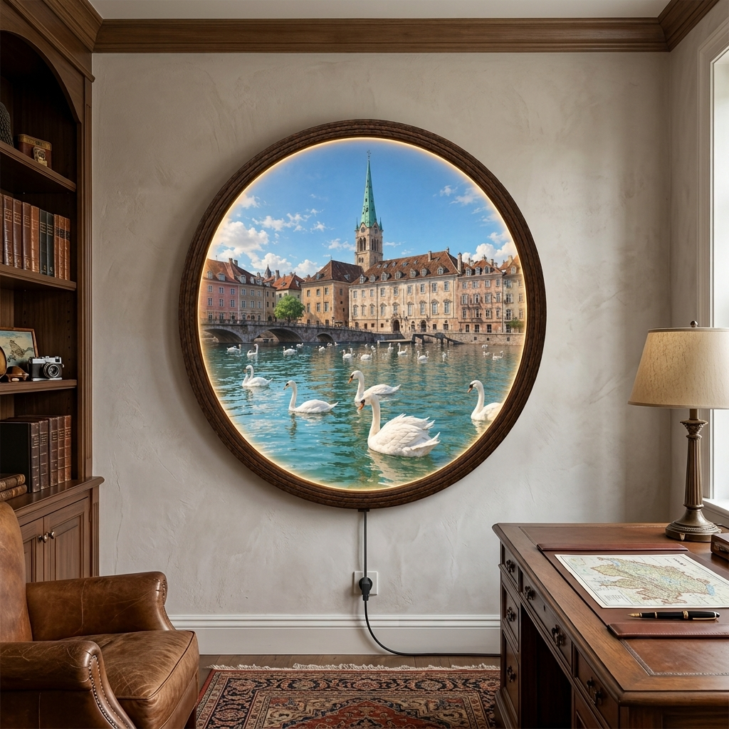 Round LED Wall Art with Swan Lake Cityscape – Illuminated Wooden Wall Decor