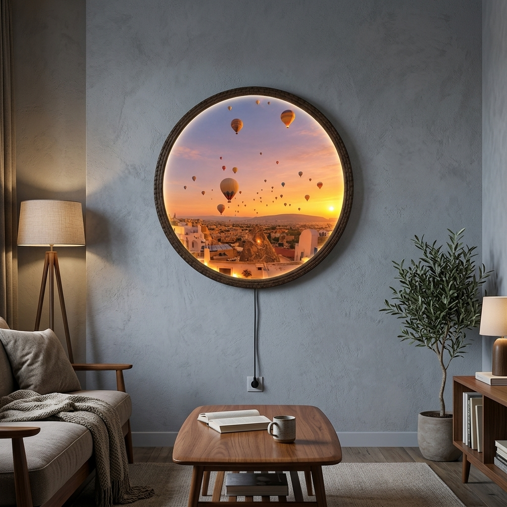 Hot Air Balloon Sunset LED Wall Art – Round Illuminated Wall Decor