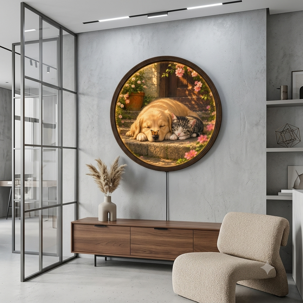 Round LED Illuminated Wall Art - Sleeping Golden Retriever & Tabby Kitten with Butterfly