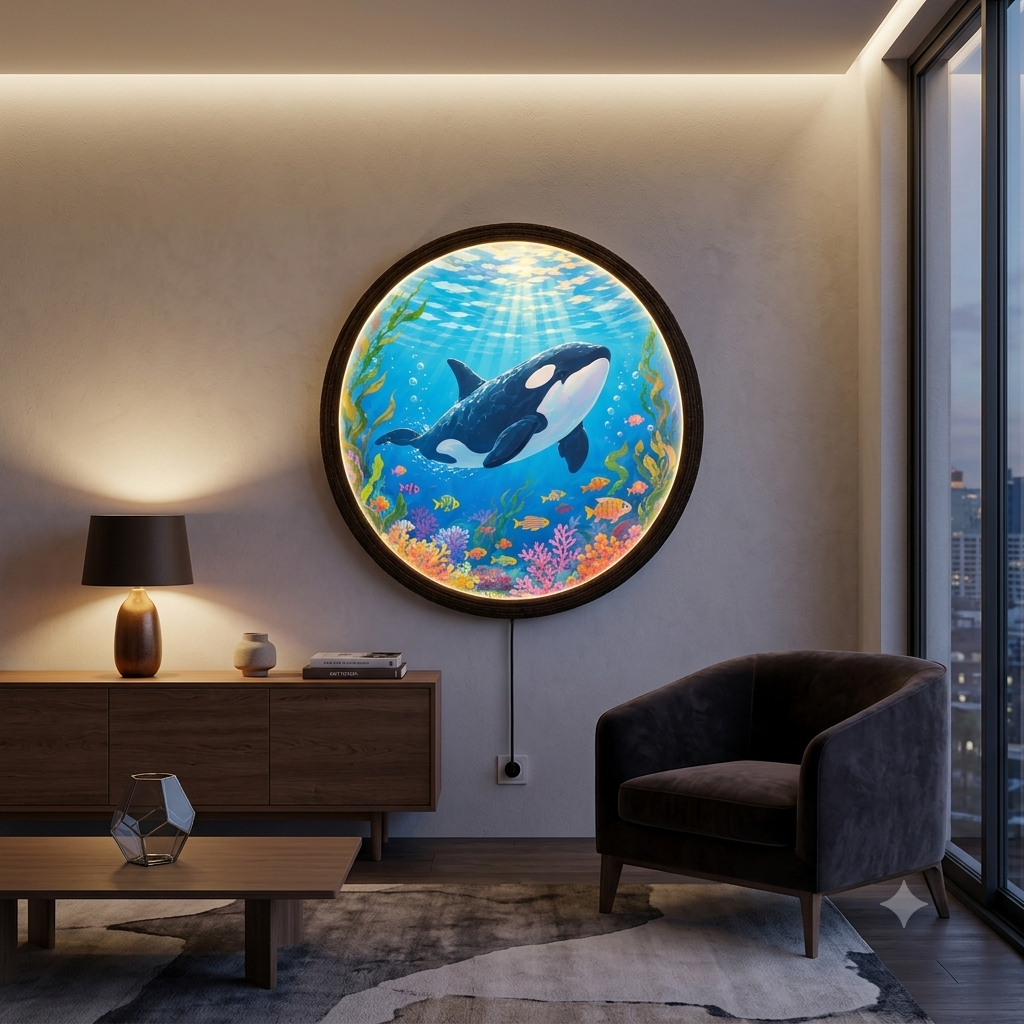 Orca Ocean LED Wall Art – Round Illuminated Coastal Wall Decor