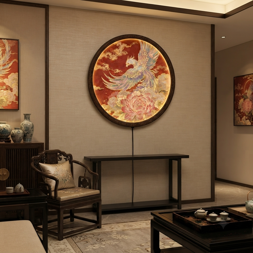 Round Phoenix LED Wall Lamp with Peony Floral Art, Oriental Luxury Illuminated Wall Decor