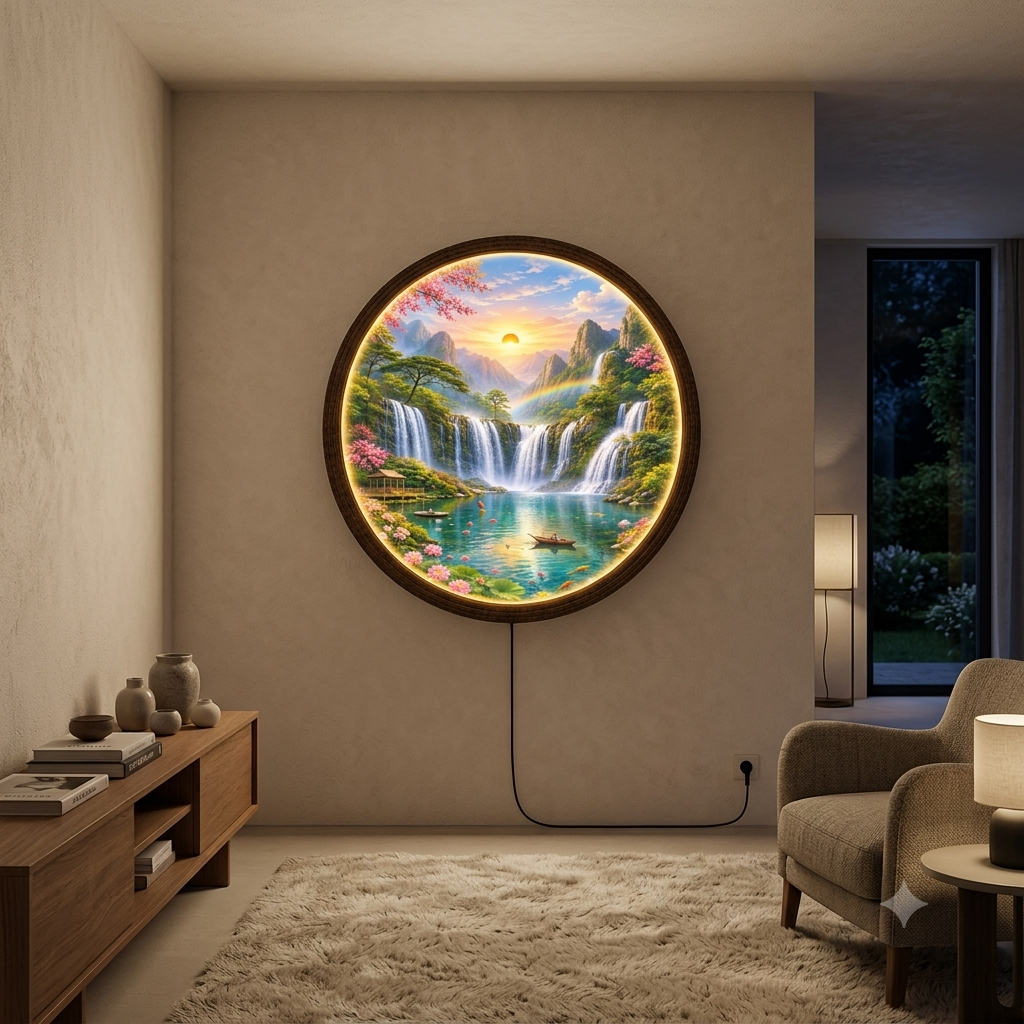 Tranquil Waterfall Landscape LED Wall Art – Round Illuminated Home Decor