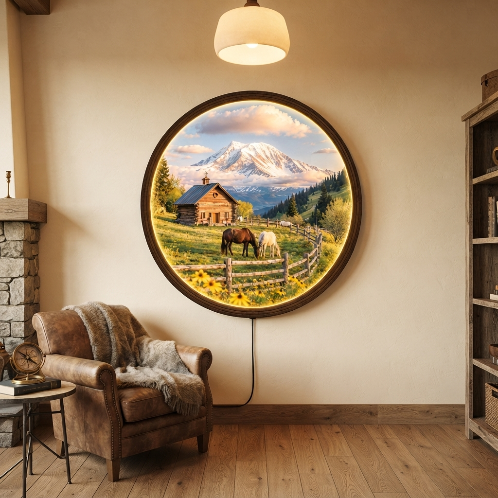 Rustic Mountain Cabin LED Wall Art – Round Illuminated Landscape Home Decor