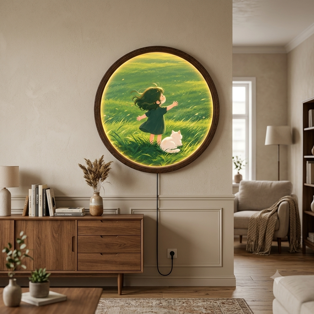 Whimsical Girl & Cat LED Wall Art – Round Illuminated Wall Decor