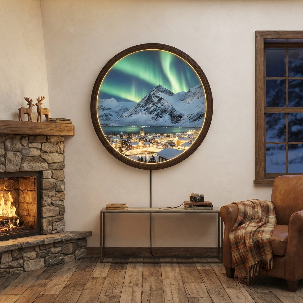 Northern Lights Mountain Village Embroidered Patch, Snowy Landscape Scenic Embroidery Patch, Aurora Borealis Outdoor Adventure Patch
