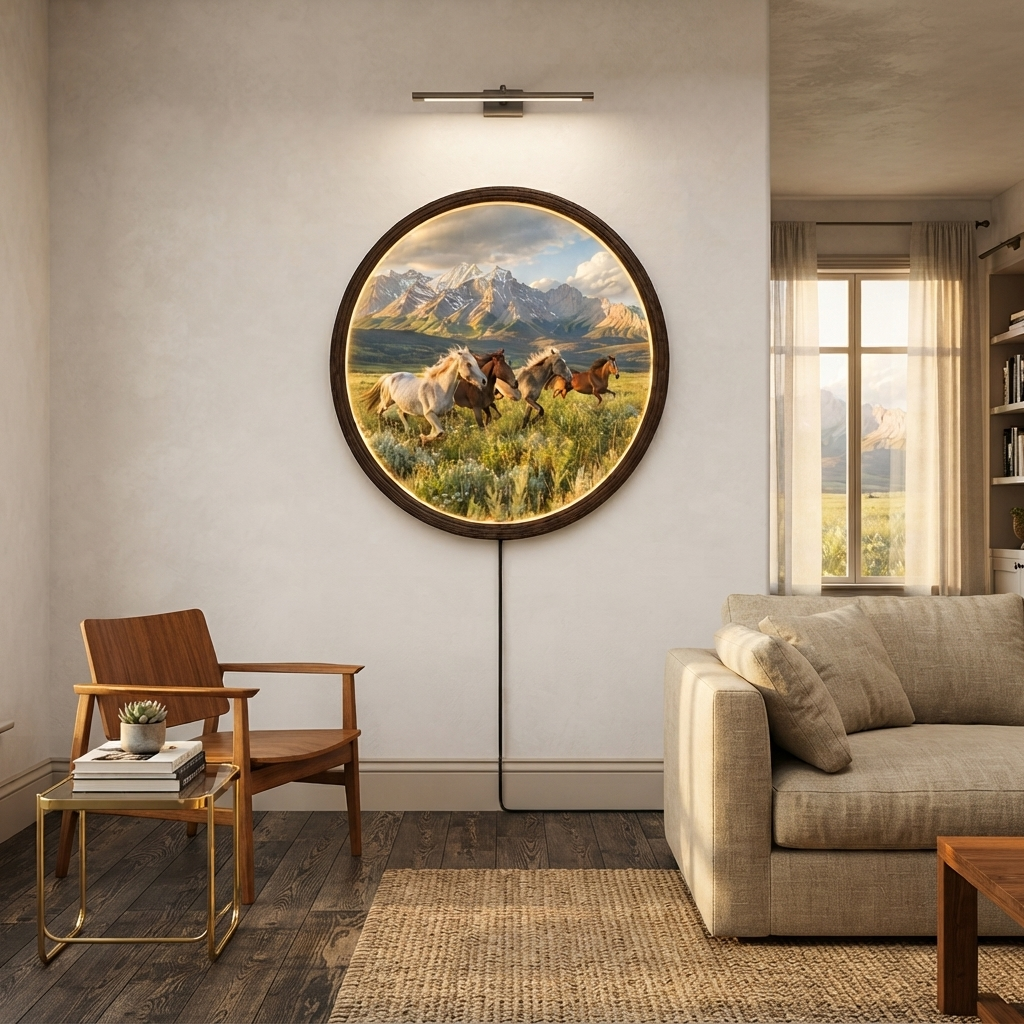 Horse Mountain Landscape LED Round Wall Art – Illuminated Rustic Wall Decor