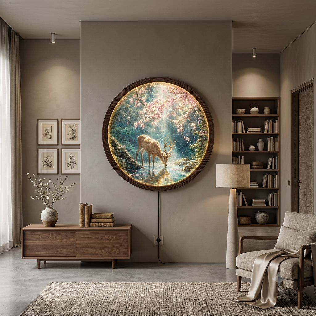 Illuminated Deer Forest Round Wall Art – LED Nature Home Decor