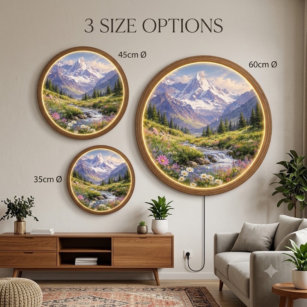Illuminated Mountain Landscape LED Wall Art – Round Wooden Frame