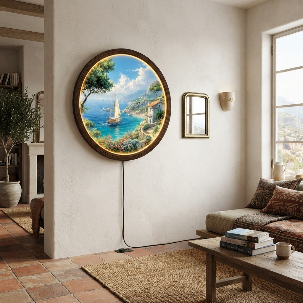 Coastal Seaside Sailboat LED Wall Art – Round Illuminated Wooden Wall Decor