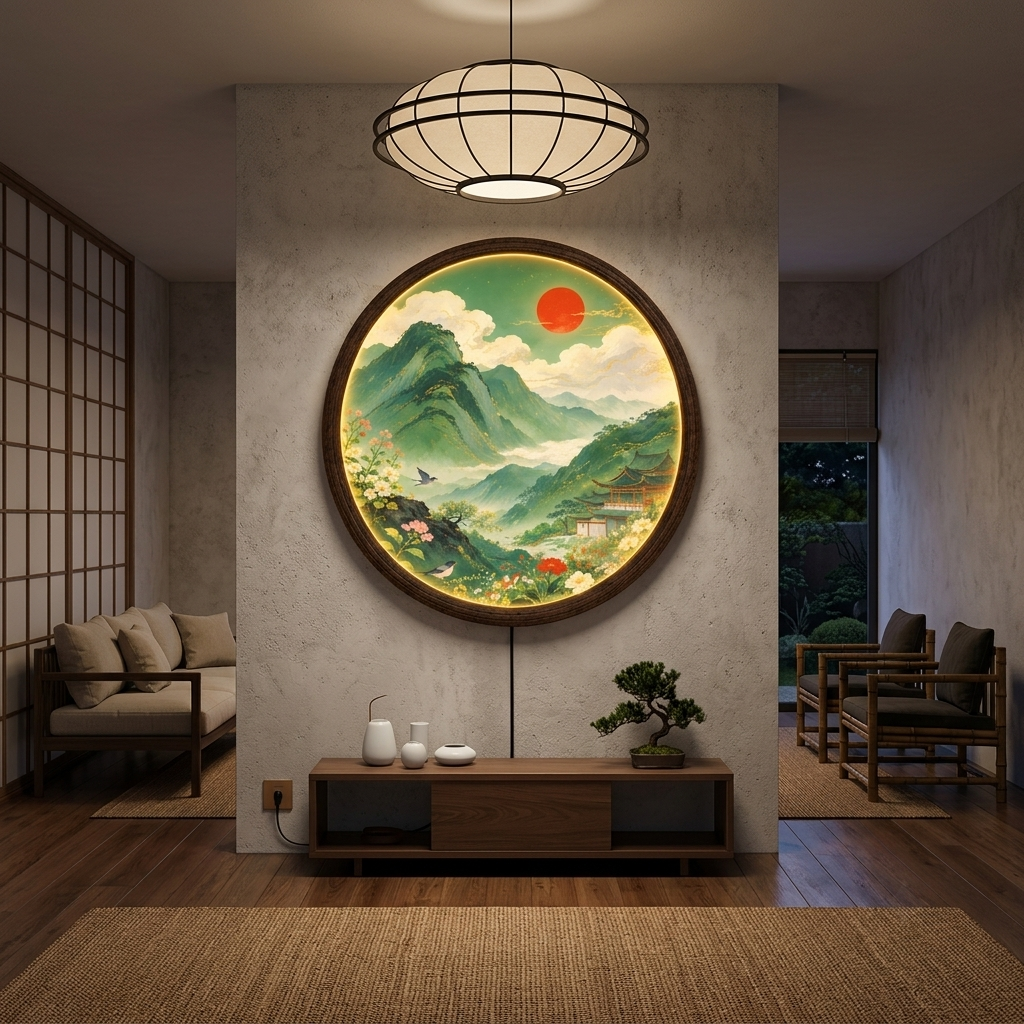 Round LED Mountain Landscape Wall Lamp, Illuminated Asian Scenery Wall Decor