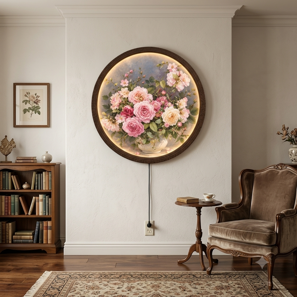 Floral Round LED Wall Art – Illuminated Rose Bouquet Home Decor
