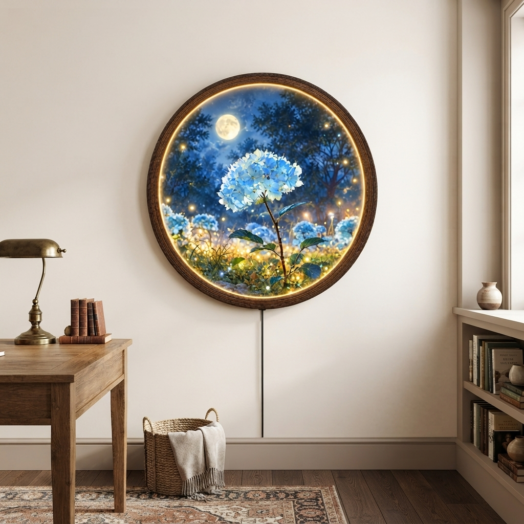 Illuminated Round Floral Wall Art with LED Light – Wooden Frame Home Decor