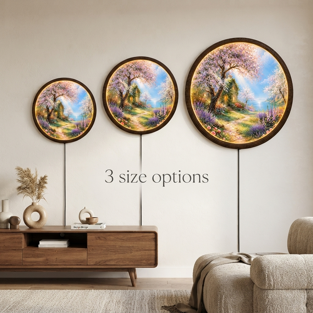 Illuminated Round Blossom Garden Wall Art – LED Lighted Floral Landscape Decor