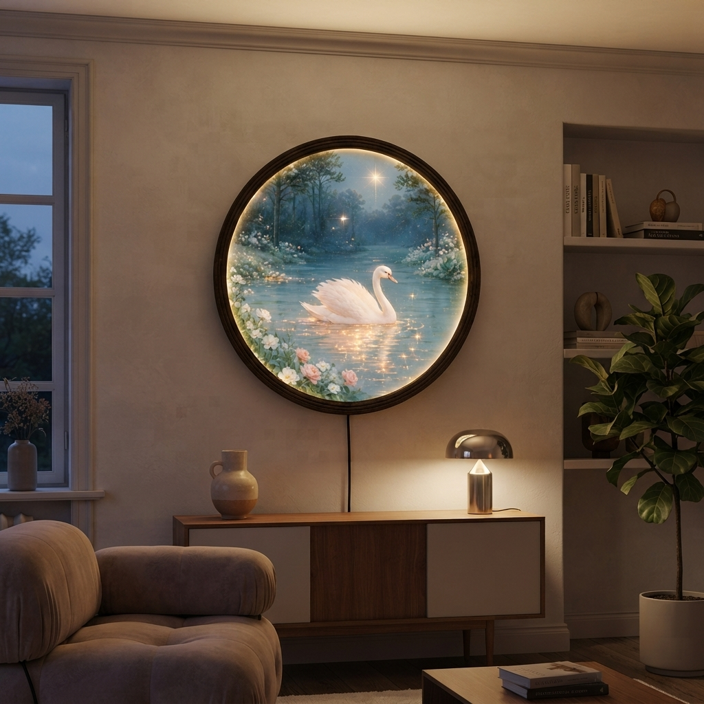 Swan Lake Illuminated Round Wall Art – LED Lighted Wall Decor