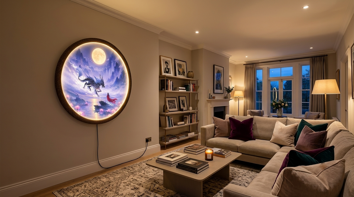 Mythical Celestial Dragon LED Wall Art - Illuminated Round Frame Light Box with Acrylic Front & Wooden Back