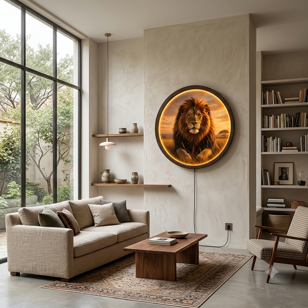 Round LED Backlit Majestic Lion Wall Art | Illuminated African Wildlife Sunset Wood Framed Decor