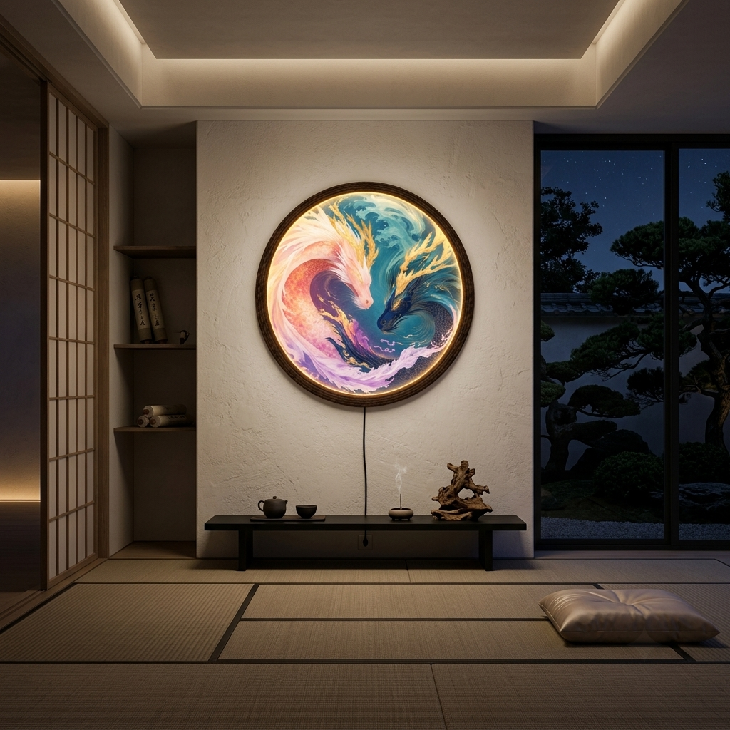 Illuminated Yin Yang Dragon Fish Wall Art, Round LED Wall Lamp, Asian-Inspired Home Decor