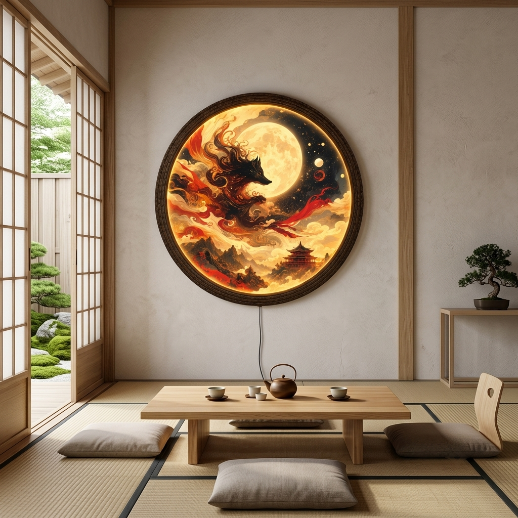 Mystical Nine-Tailed Fox Under Full Moon LED Wall Light – Illuminated Japanese Kitsune Round Wall Art Decor