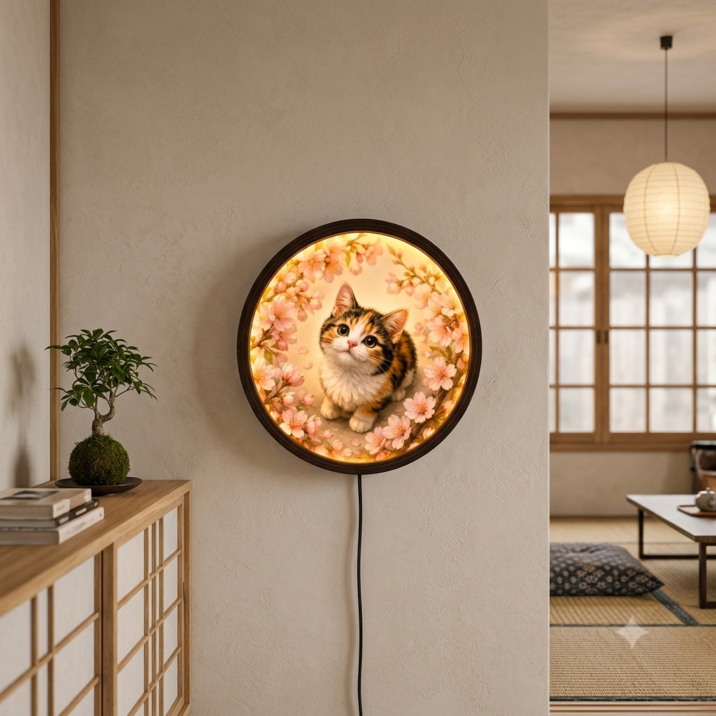 Cherry Blossom Kitten LED Wall Sconce – Illuminated Round Wooden Frame Cat Wall Art for Bedroom & Living Room Decor