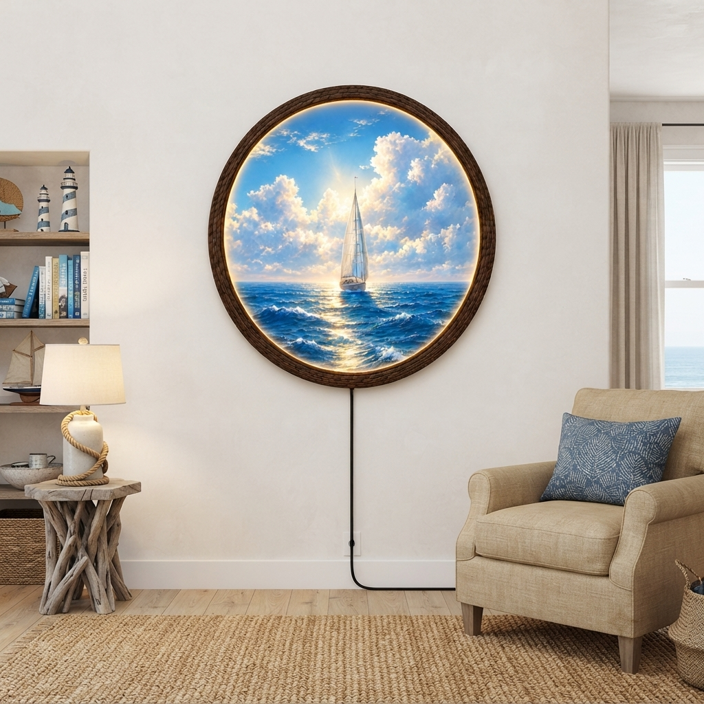 Sailboat Ocean LED Wall Art – Round Nautical Illuminated Wall Decor