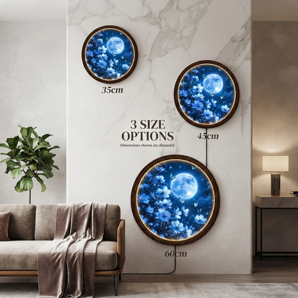 Moonlit Blue Butterfly Garden LED Wall Art – Round Illuminated Floral Wall Decor