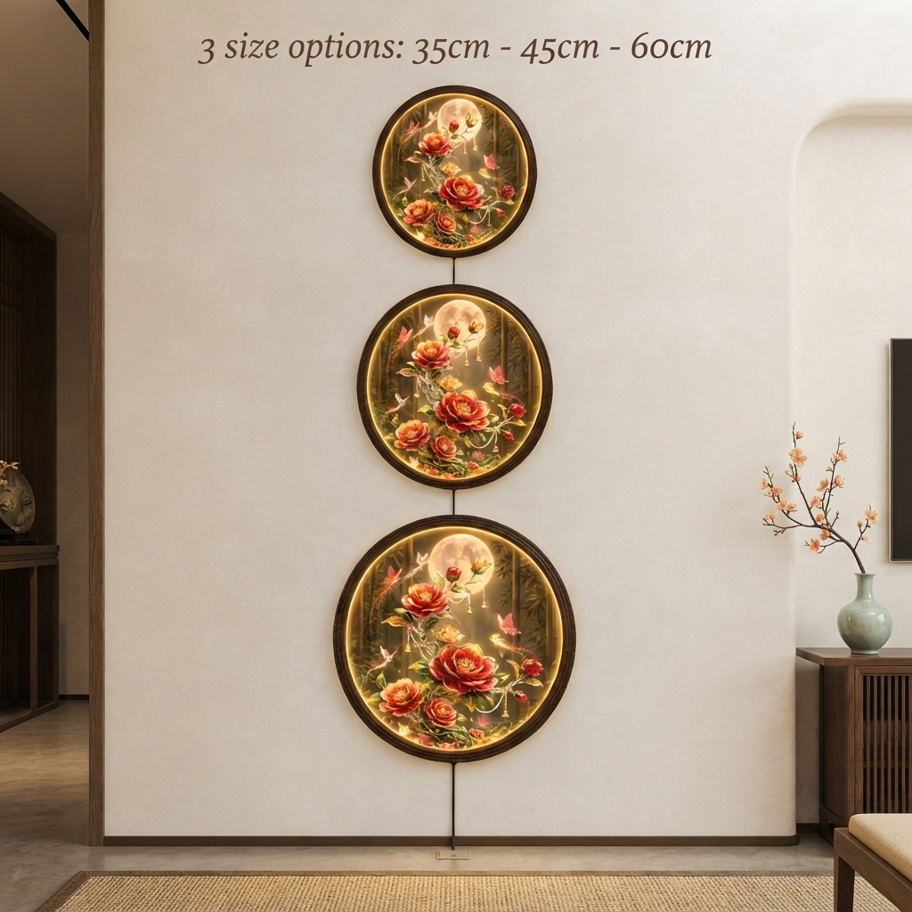 Round LED Wall Lamp with Red Floral Art, Moonlight Design, Wooden Frame, Modern Decorative Wall Light