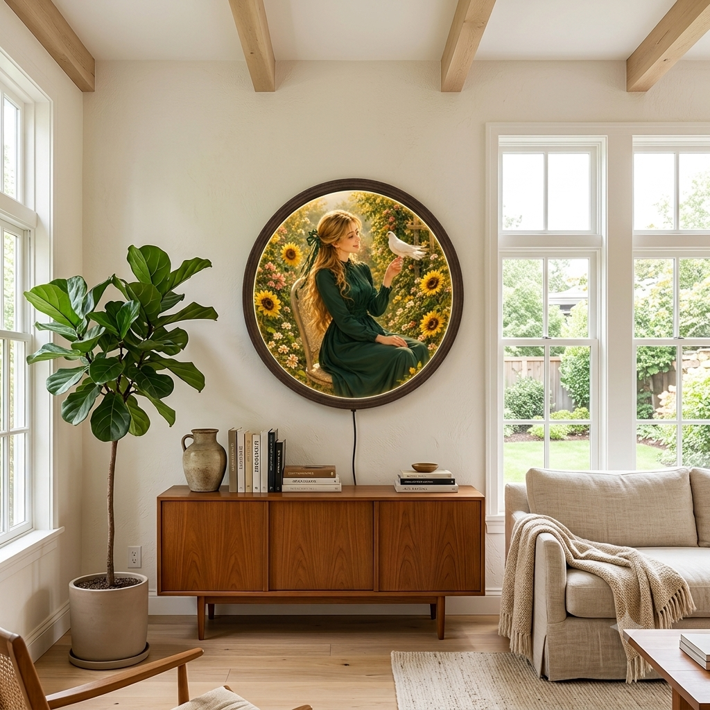 Round LED Lighted Wall Art – Woman and Dove Garden Scene, Framed Illuminated Wall Decor