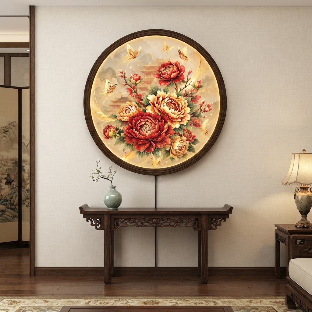Glowing Peony Flower LED Wall Lamp – Round Floral Lighted Wall Art for Elegant Home Decor