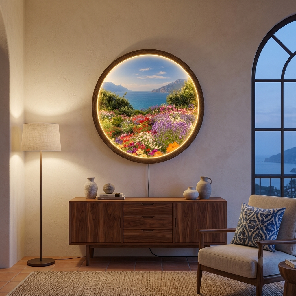 Coastal Wildflower Garden LED Wall Art – Round Illuminated Landscape Wall Decor