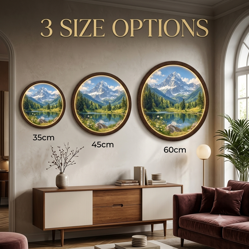 Mountain Lake LED Wall Art – Round Wooden Frame | Illuminated Nature Wall Decor