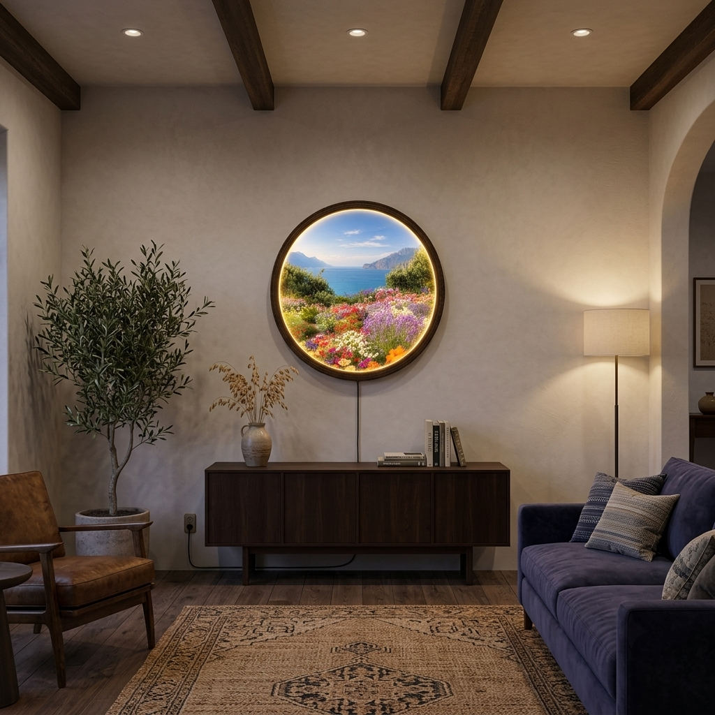 Coastal Wildflower Garden LED Wall Art – Round Illuminated Landscape Wall Decor