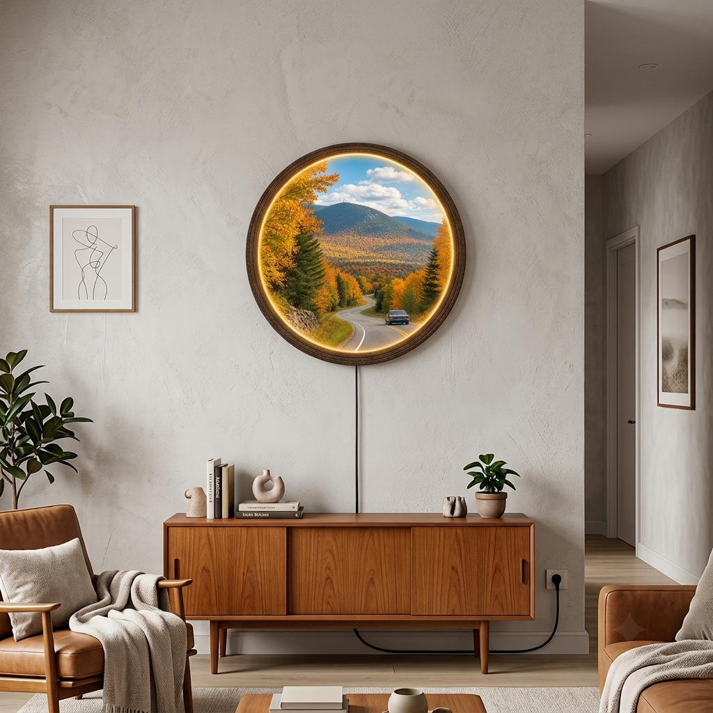 Illuminated Mountain Landscape Wall Art – LED Round Wall Decor