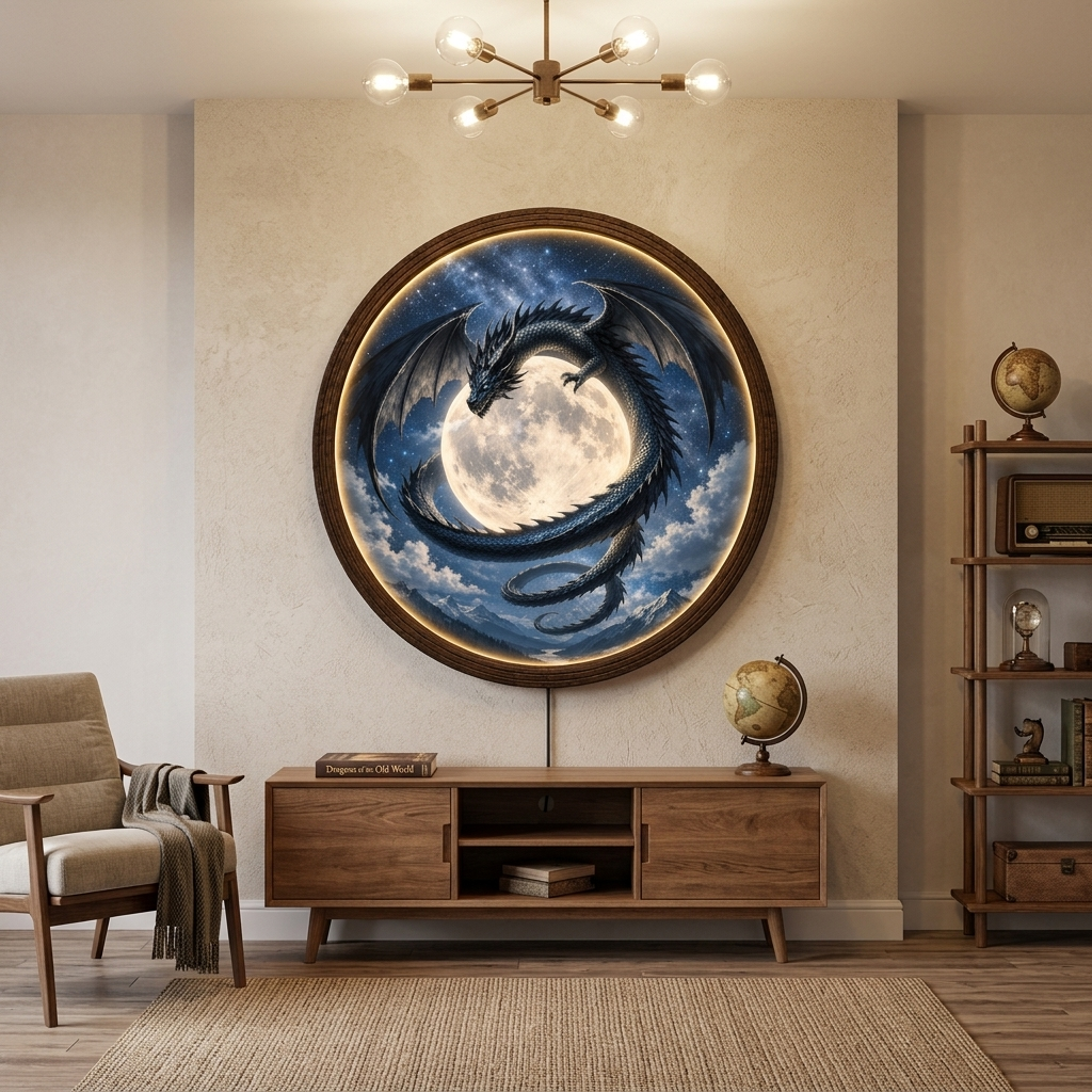 Dragon Moon LED Wall Art – Round Fantasy Dragon Light Decor