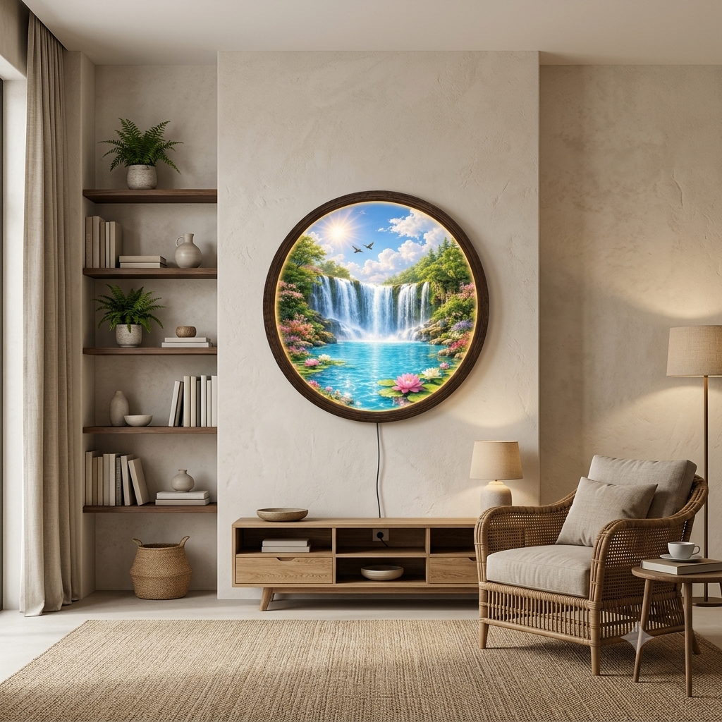 Waterfall Landscape LED Wall Art – Round Illuminated Home Decor