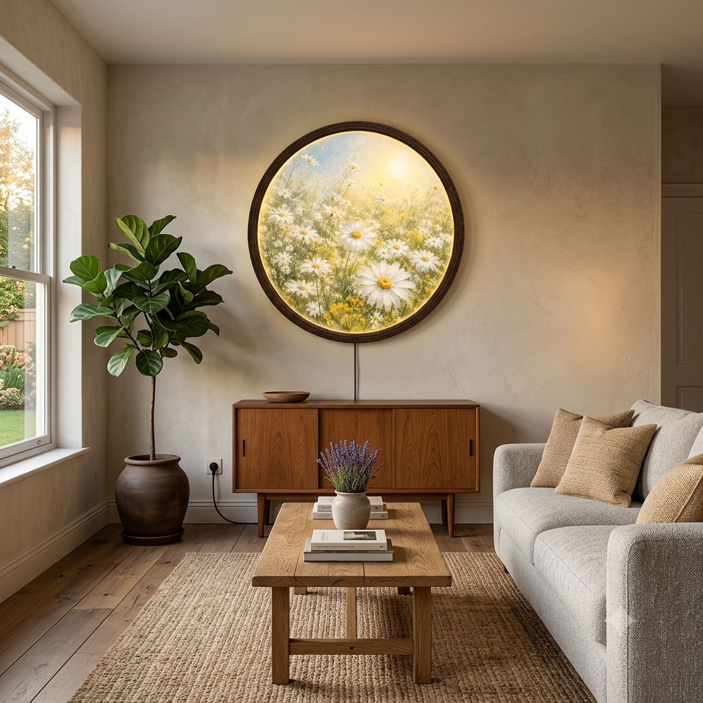 Floral LED Wall Art – Round Daisy Meadow Illuminated Wall Decor