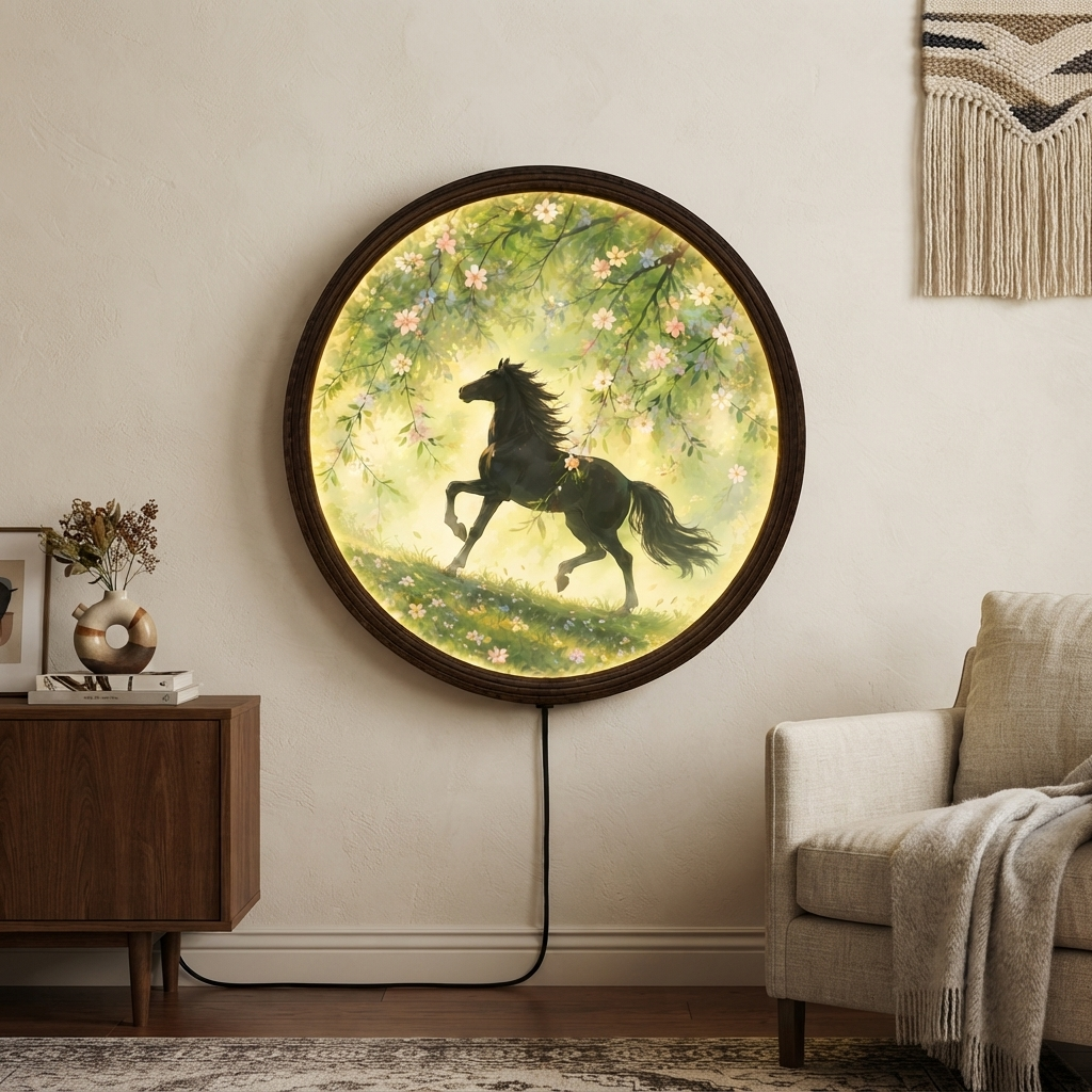 Horse Meadow LED Wall Art – Illuminated Round Rustic Home Decor