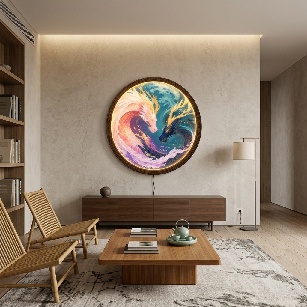 Illuminated Yin Yang Dragon Fish Wall Art, Round LED Wall Lamp, Asian-Inspired Home Decor