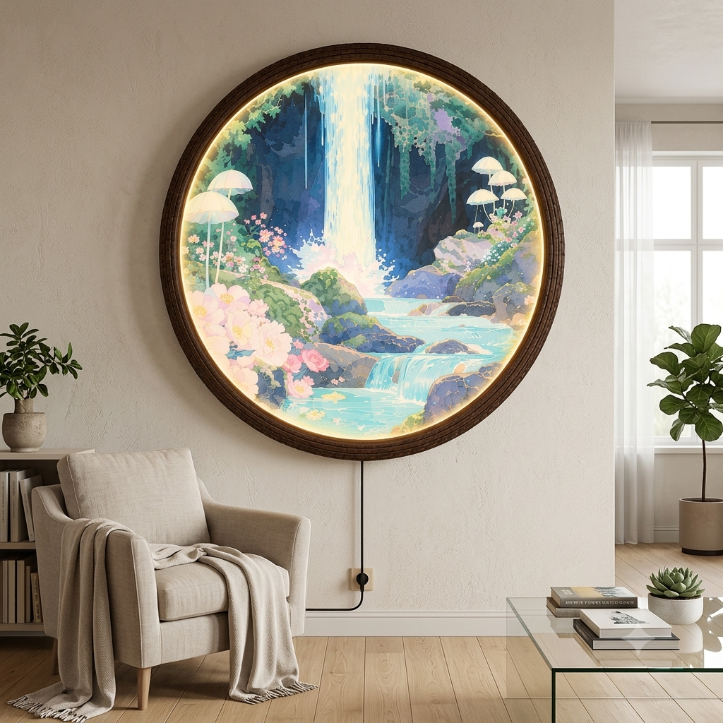 Illuminated Waterfall Wall Art – Round LED Nature Wall Decor