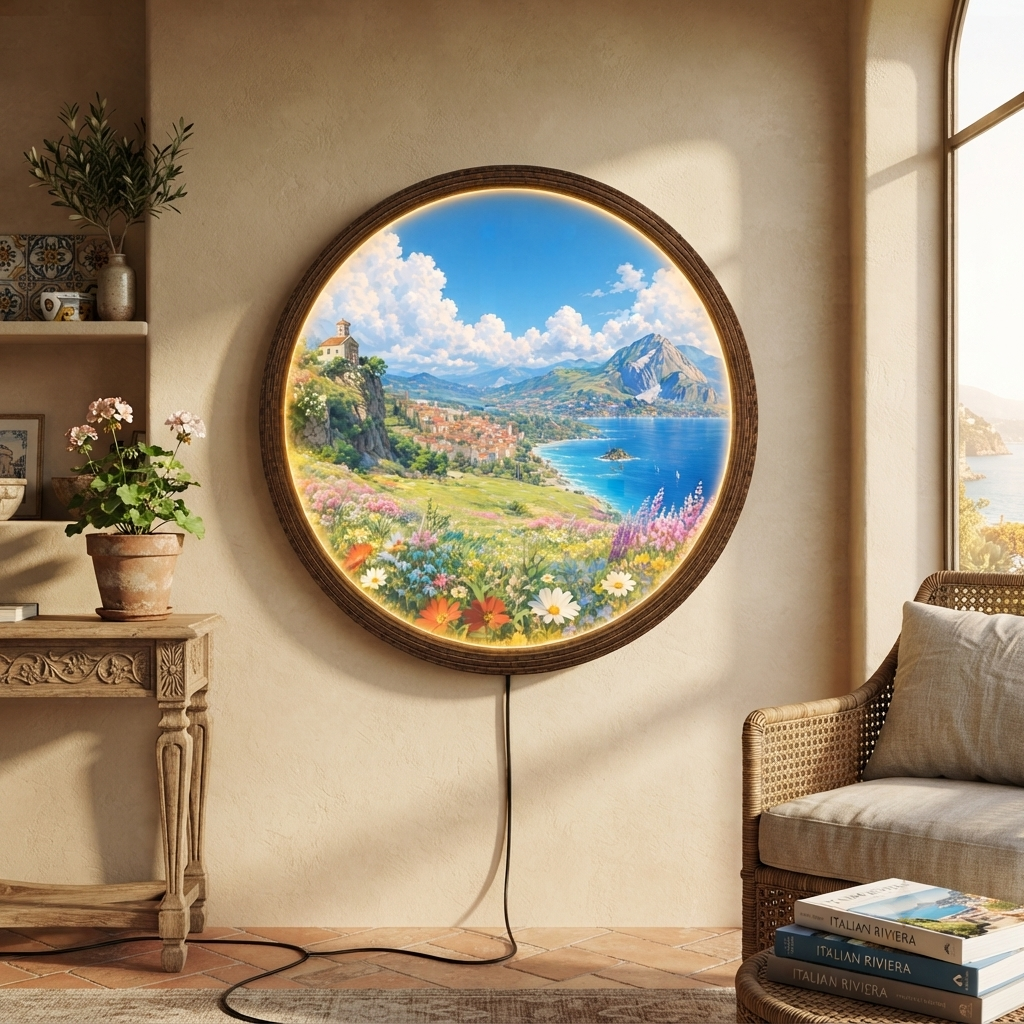 Coastal Village Illuminated Round Wall Art – LED Lighted Landscape Wall Decor
