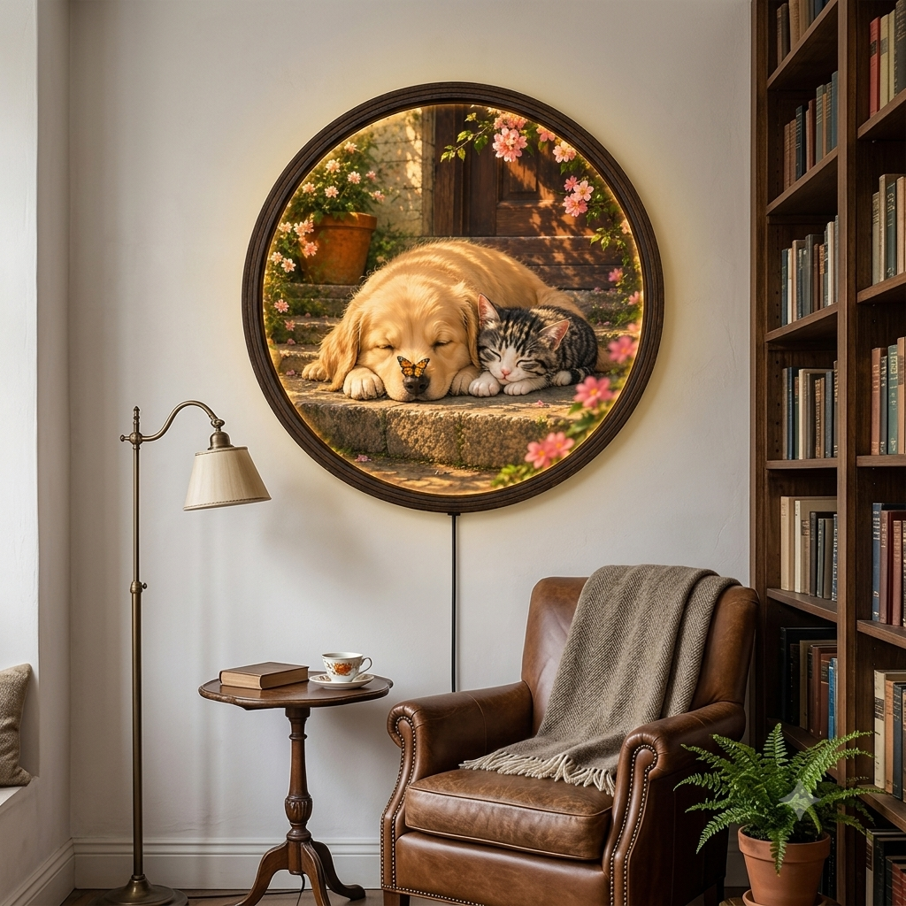 Round LED Illuminated Wall Art - Sleeping Golden Retriever & Tabby Kitten with Butterfly