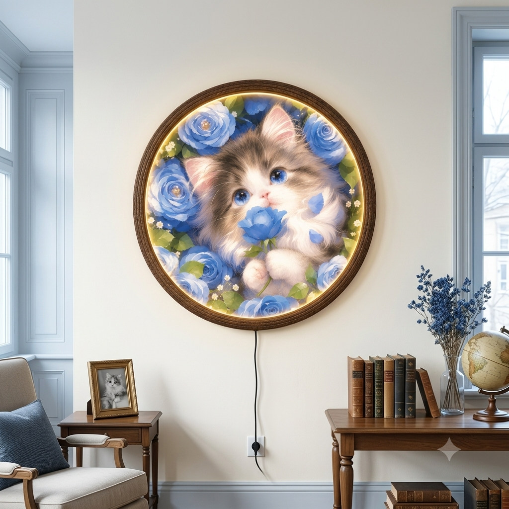 Blue Floral Cat LED Wall Art – Round Illuminated Home Decor