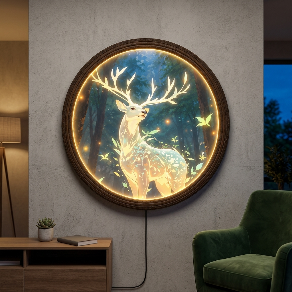 Glowing Deer LED Wall Art – Enchanted Forest Round Light Decor