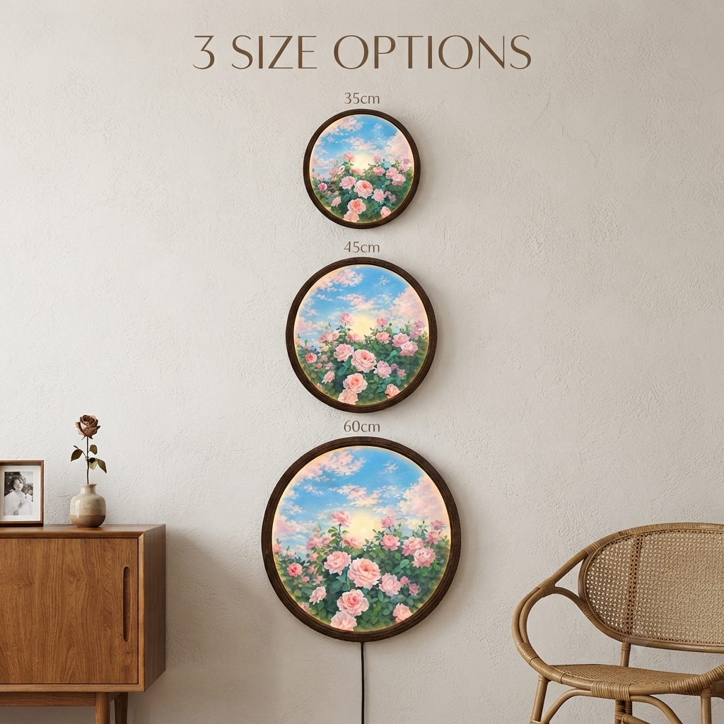 Pink Rose Garden LED Wall Art – Round Illuminated Floral Wall Decor