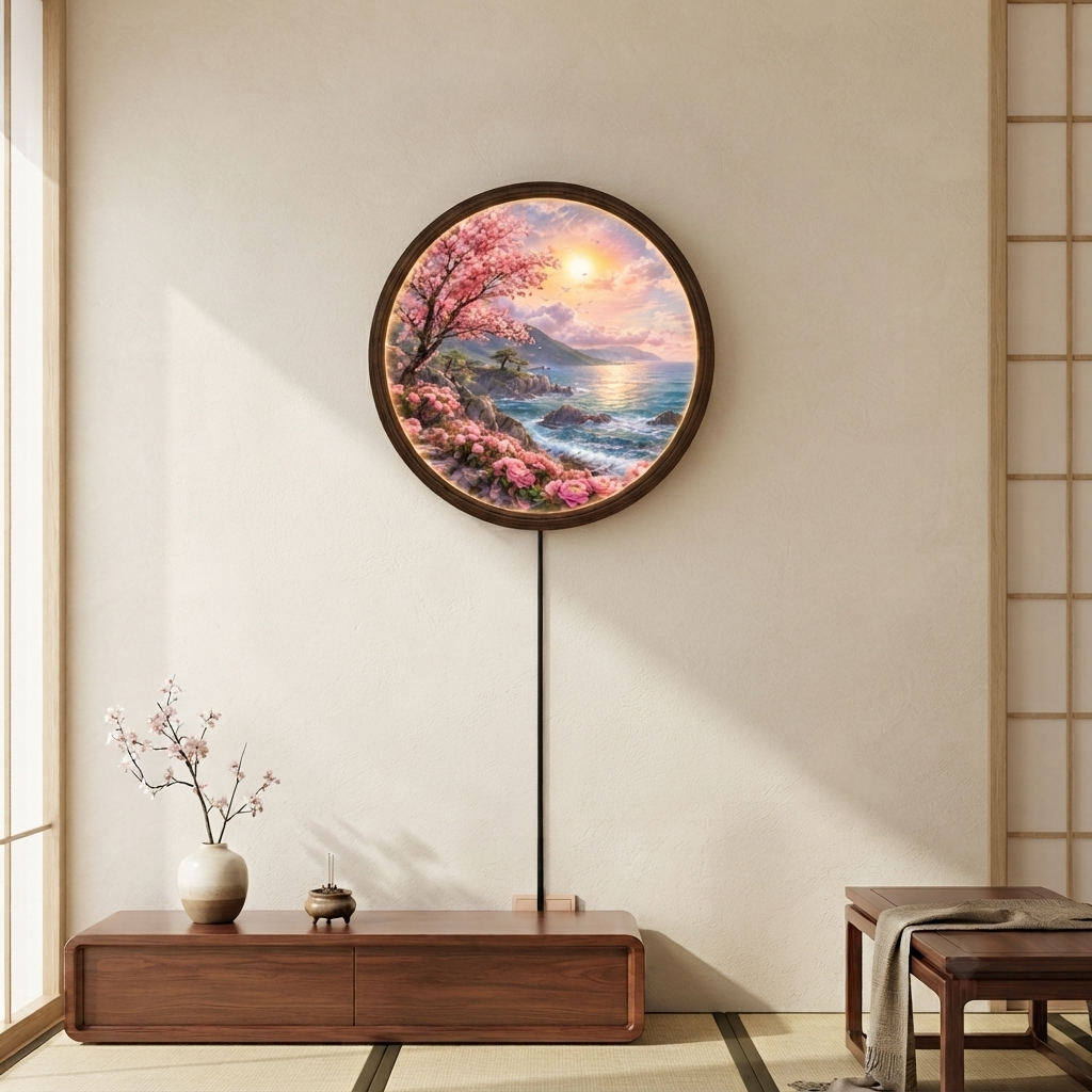 Japanese Cherry Blossom LED Wall Art – Round Illuminated Coastal Landscape Decor