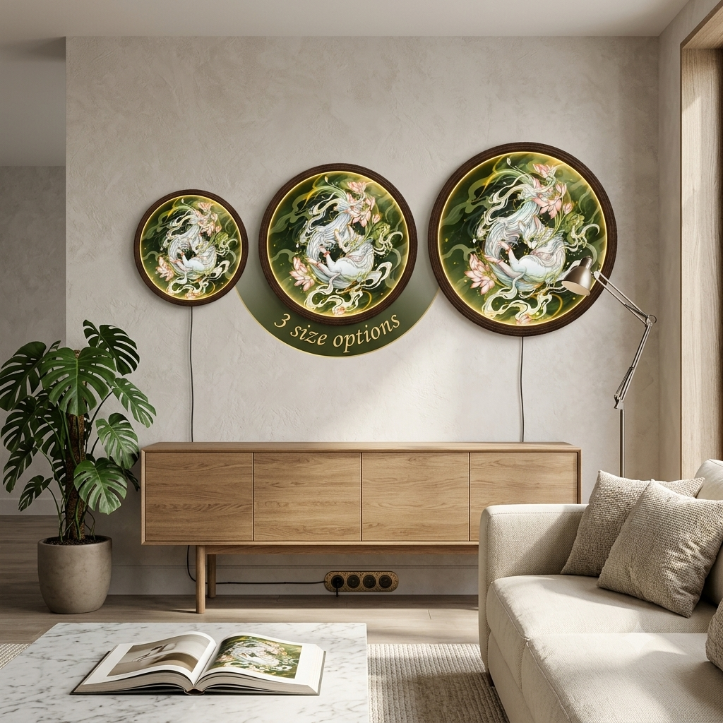 Illuminated Japanese Kitsune Nine-Tailed Fox & Lotus LED Round Wall Art | Mystical Light-Up Home Decor
